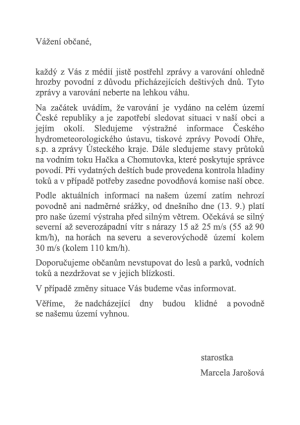 Varování pro občany (povodňová výstraha)